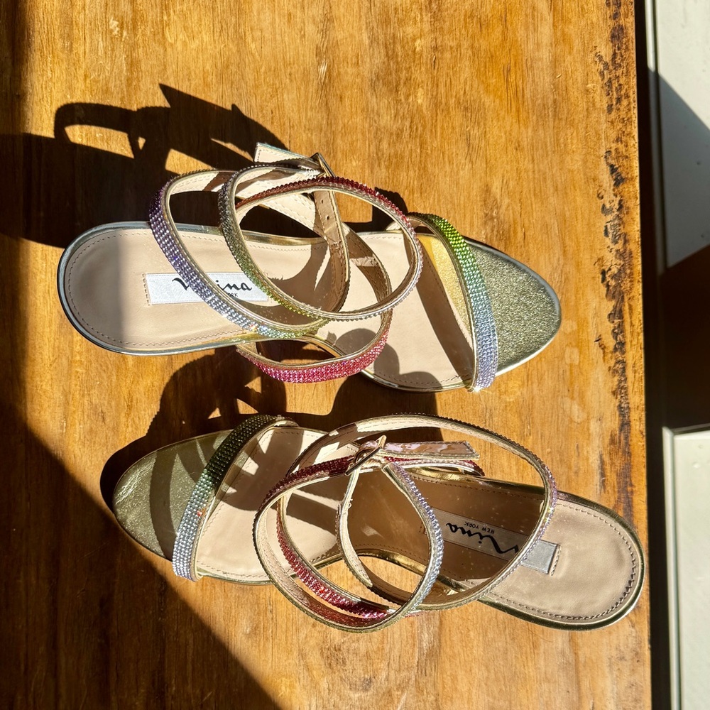 Nina Rhinestone Ankle Strap Heel. Rainbow and Gold size 10 NWOT